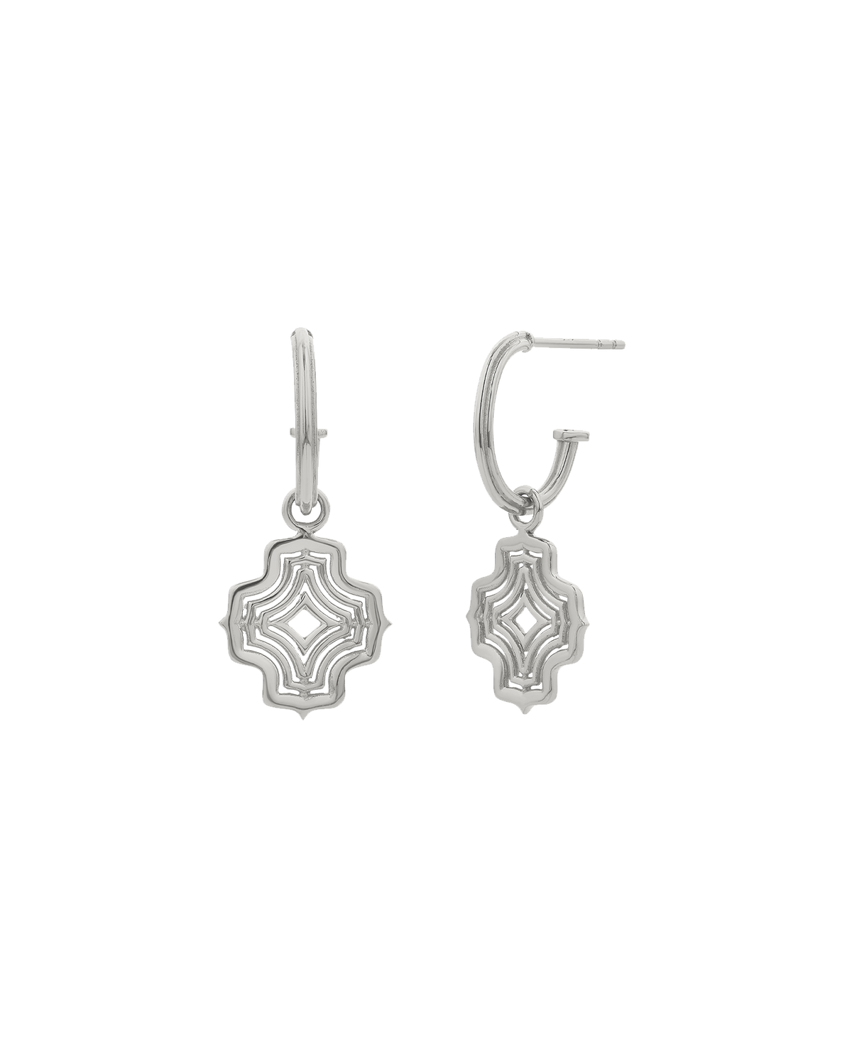 A clear cut of the Alma Hoops, featuring a gold pendant with a concentric wave design, suspended from a hoop.