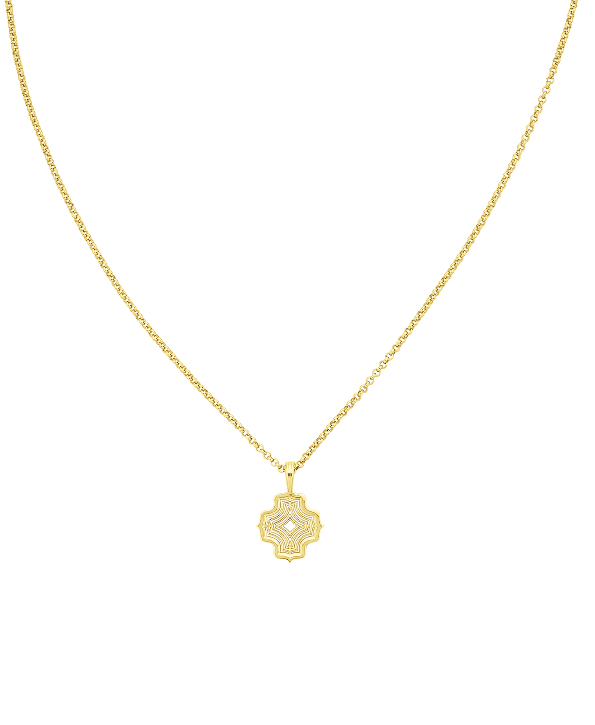 A clearcut of the Nora Necklace, a gold pendant with a concentric wave design, suspended from a fine belcher chain.