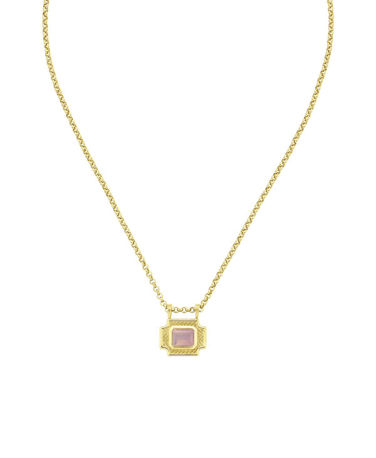 A clearcut of the Ayla charm, a gold textured rectangular pendant with a central lavender stone, paired with a belcher chain.