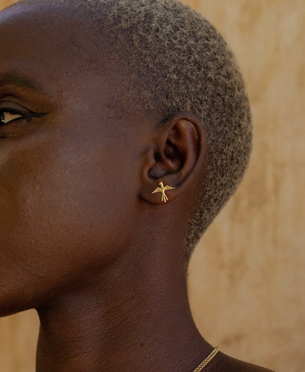 A close-up side profile of a person wearing the Bird of a Feather Studs, featuring a bird stud earrings with detailed feather and wing textures.