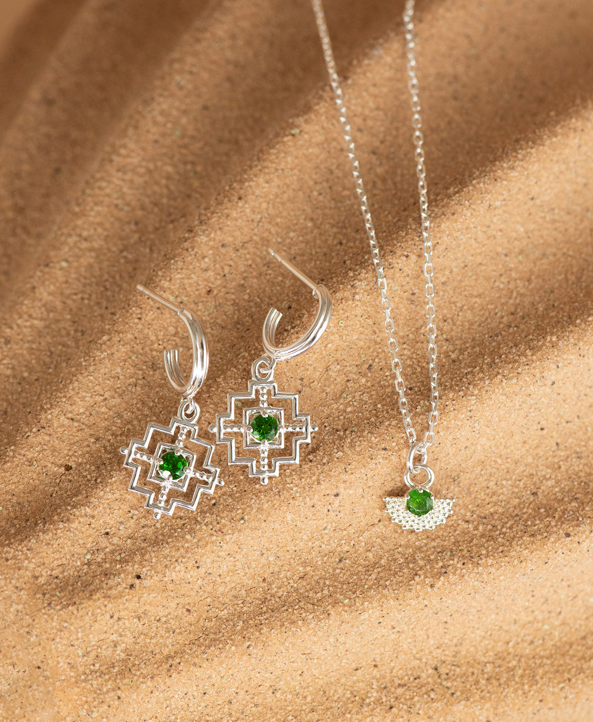 Centred Hoops and Eos Necklace Gift Set - 925 Sterling Silver, Chrome Diopside