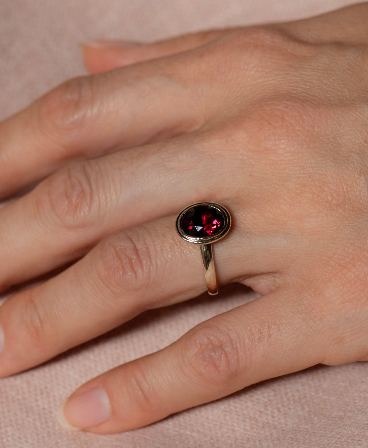 Delphine Engagement Ring - 9k Yellow Gold, Oval Cut Garnet 3.0 carat