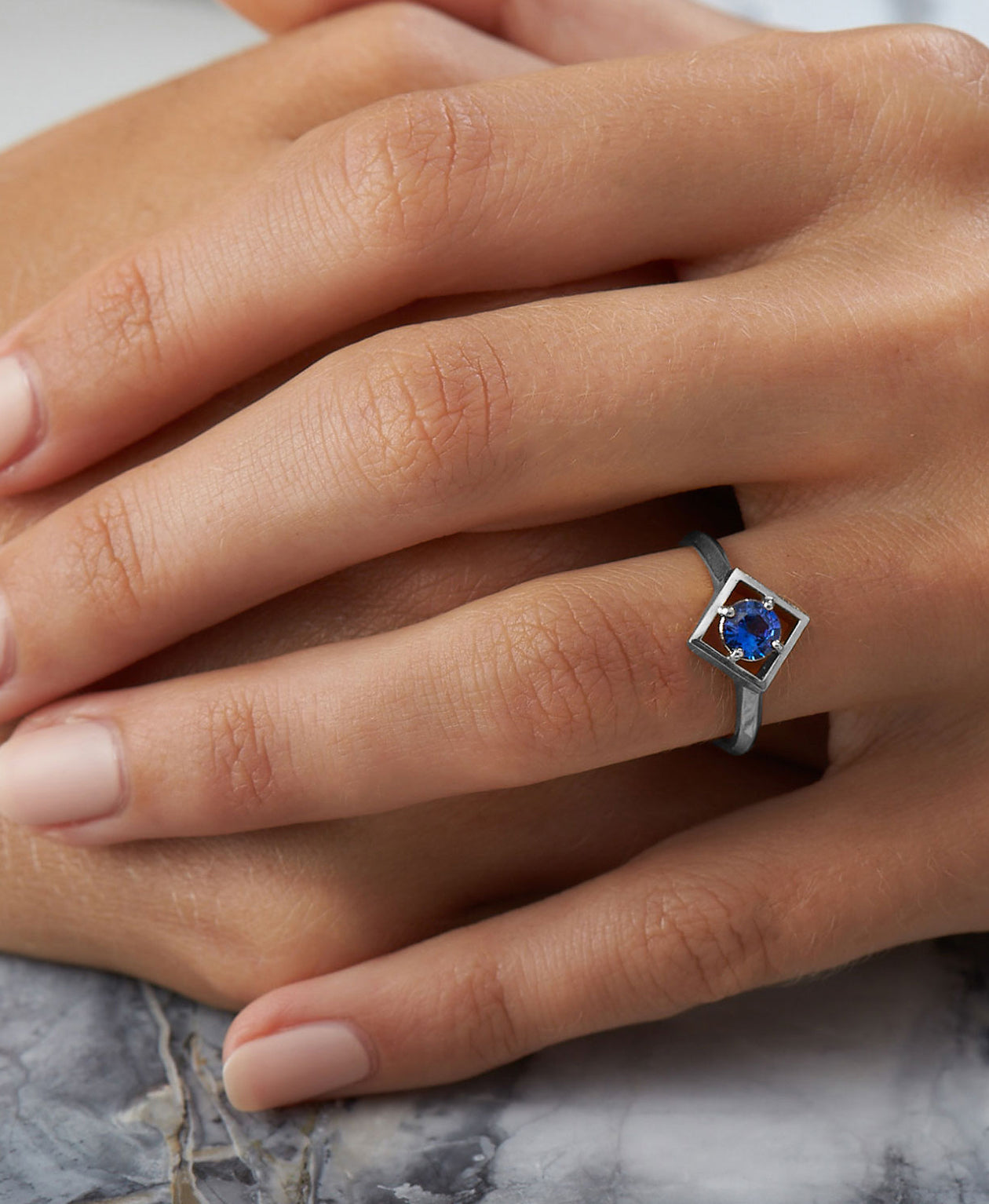Freya Engagement Ring - Platinum, Round Mixed Cut Blue Sapphire 0.50 carat