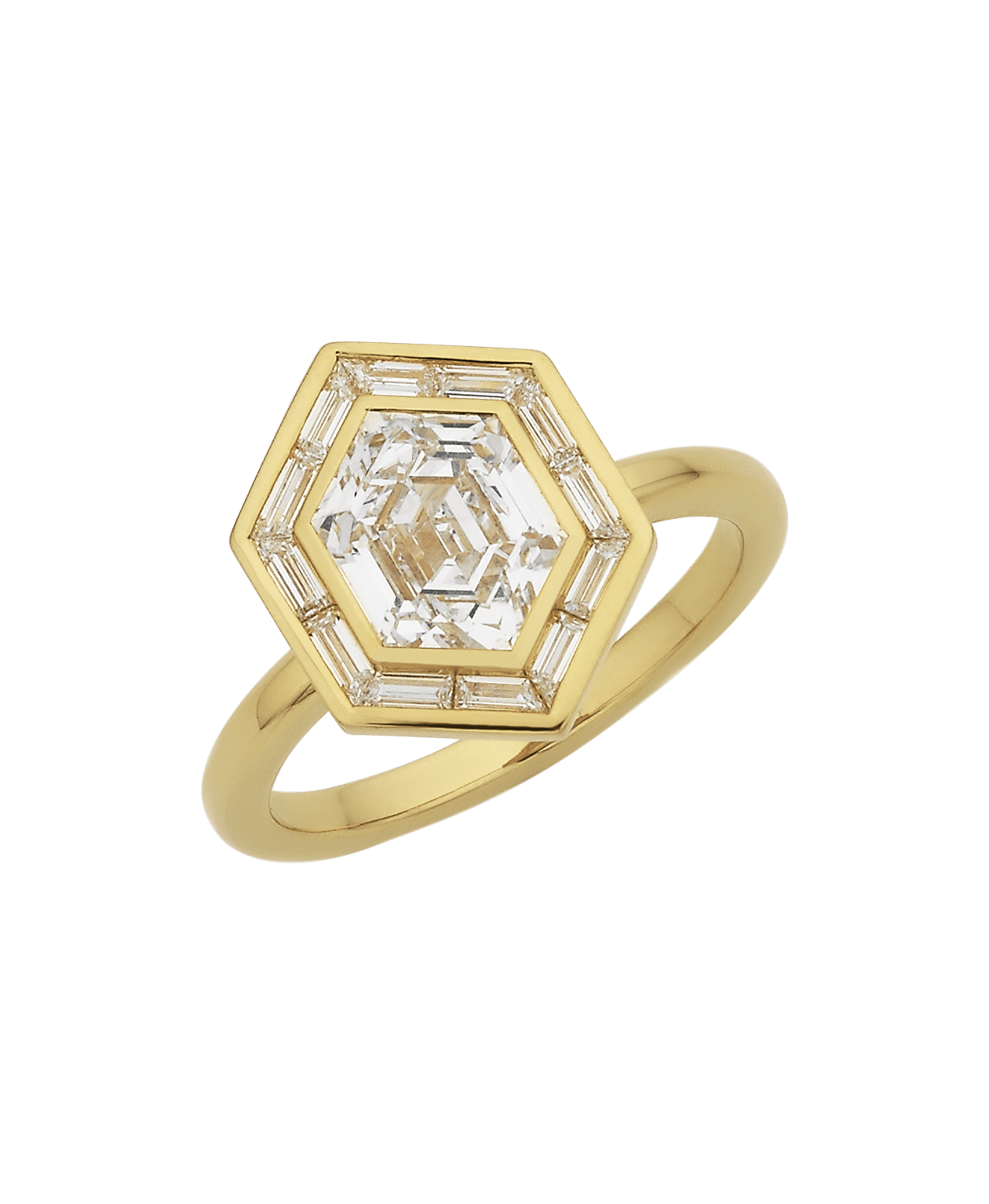 Frida Halo Engagement Ring - 18k Yellow Gold, Elongated Hexagonal Step Cut Lab Grown Diamond 1.77 carat