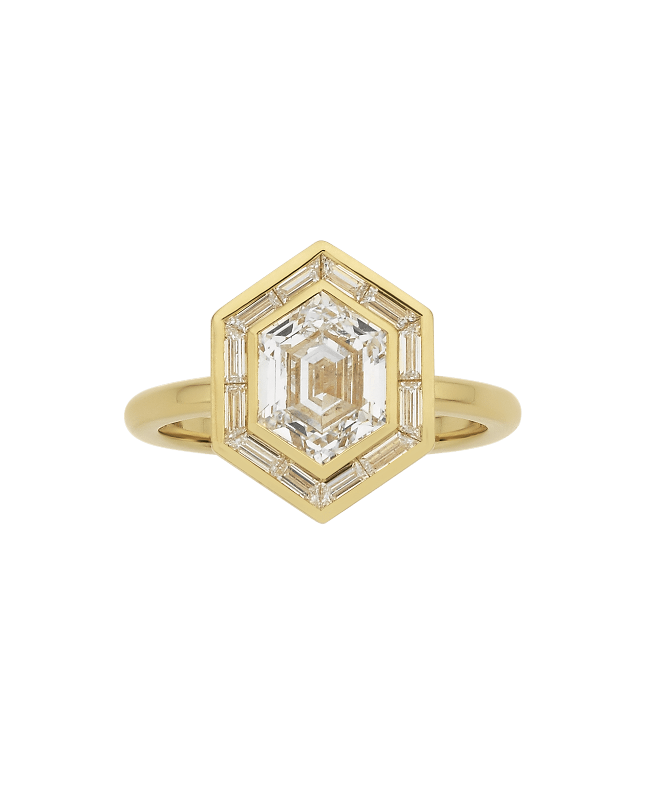 Frida Halo Engagement Ring - 18k Yellow Gold, Elongated Hexagonal Step Cut Lab Grown Diamond 1.77 carat