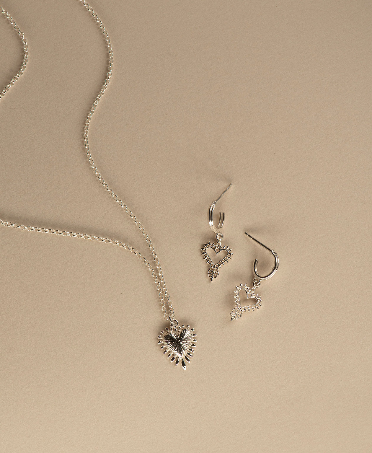 Mini Gypsy Heart Hoops & Mini Heart Ray Necklace Gift Set - 925 Sterling Silver