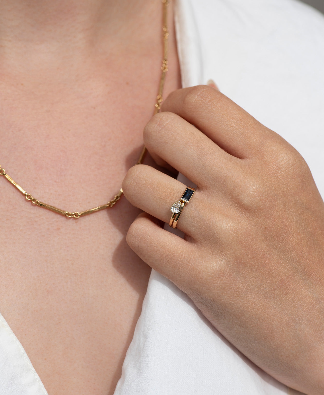 Mon Petit Stacker Ring - 9k Yellow Gold, Baguette Cut Blue Sapphire