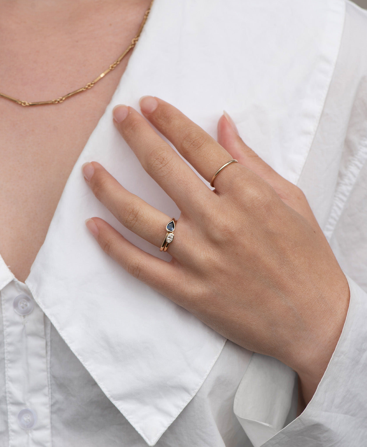 Mon Petit Stacker Ring - 9k Yellow Gold, Pear Cut Blue Sapphire