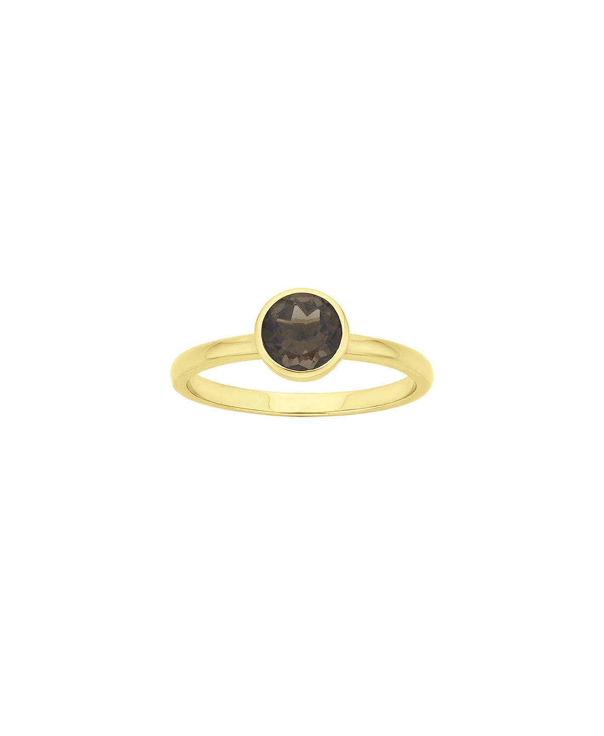 A clearcut of the gold Mon Petit Stacker Ring with a bezel set, round cut smoky quartz.