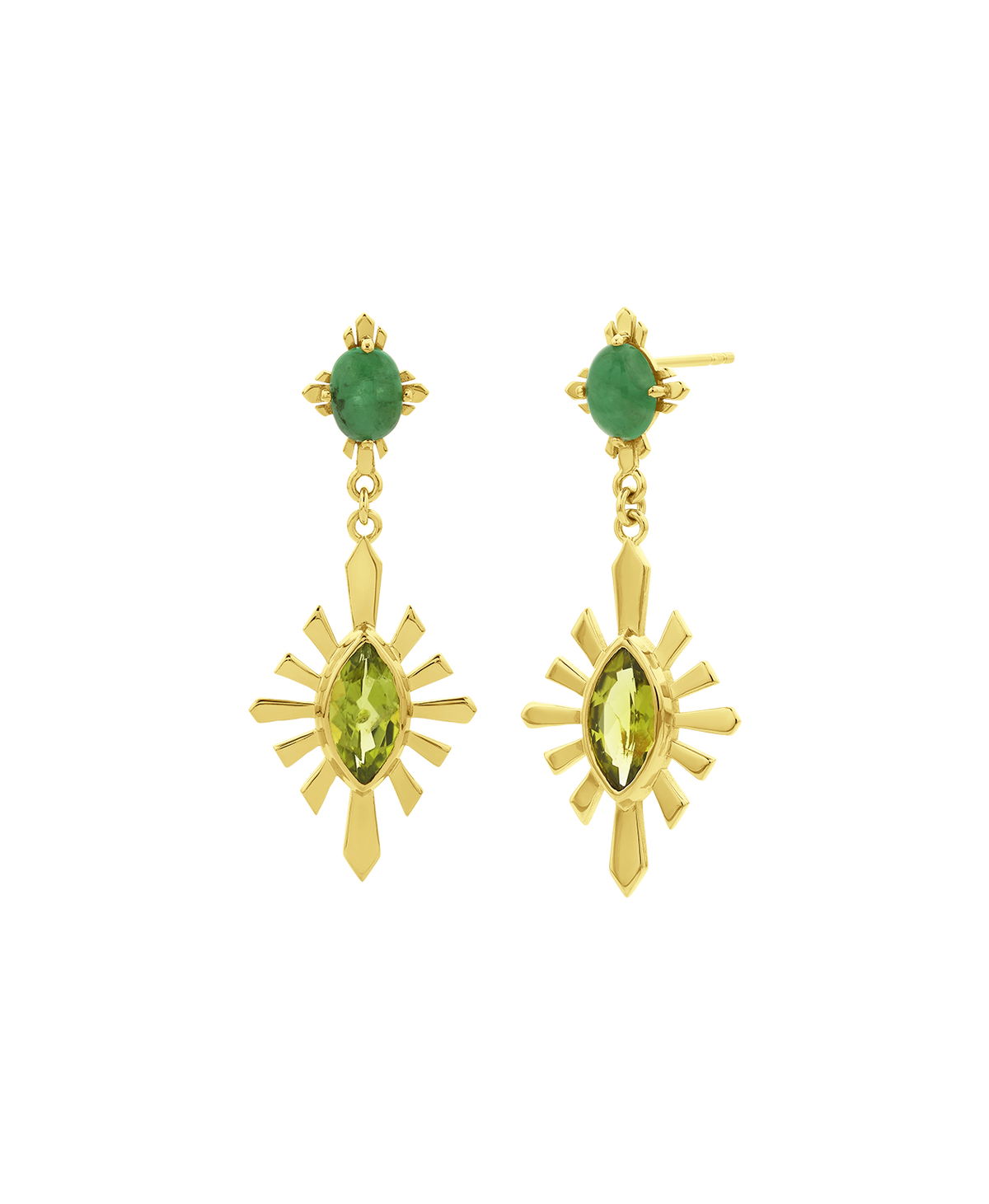 A clearcut of the Sisterhood Earring, featuring a cabochon cut emerald set within a linear border, paired with a marquise cut peridot with a sunburst frame.