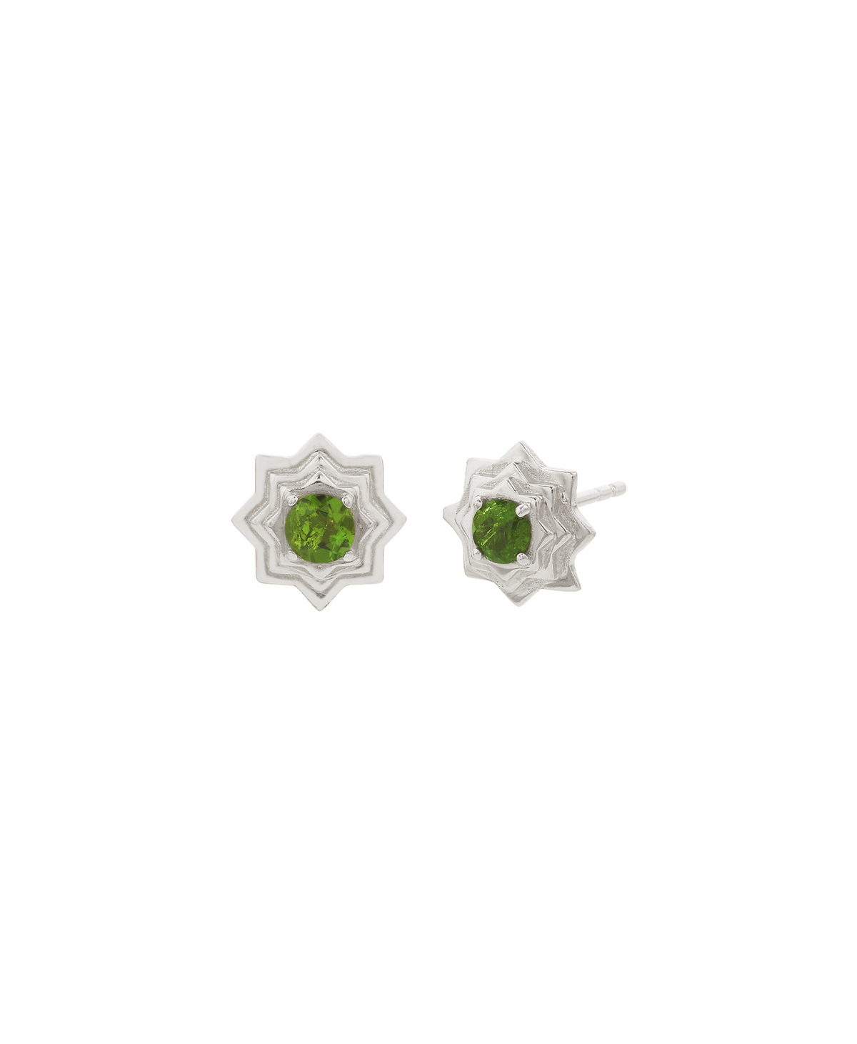 A clearcut of the Sitara Studs, a silver star-like stud with a central green stone.