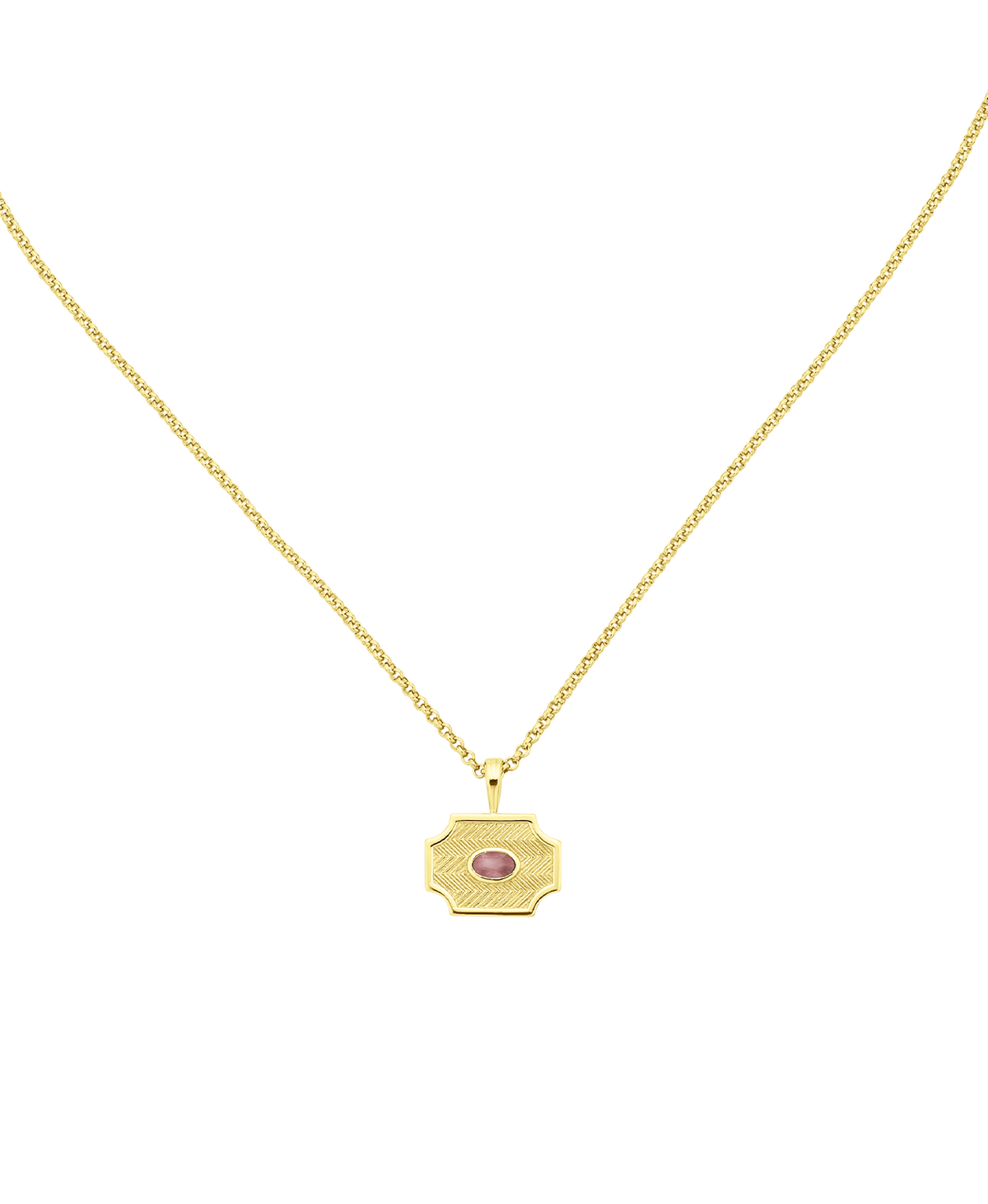 A clearcut the Soul Sister Necklace, a gold textured pendant with a central pink stone, suspended from a fine belcher chain.