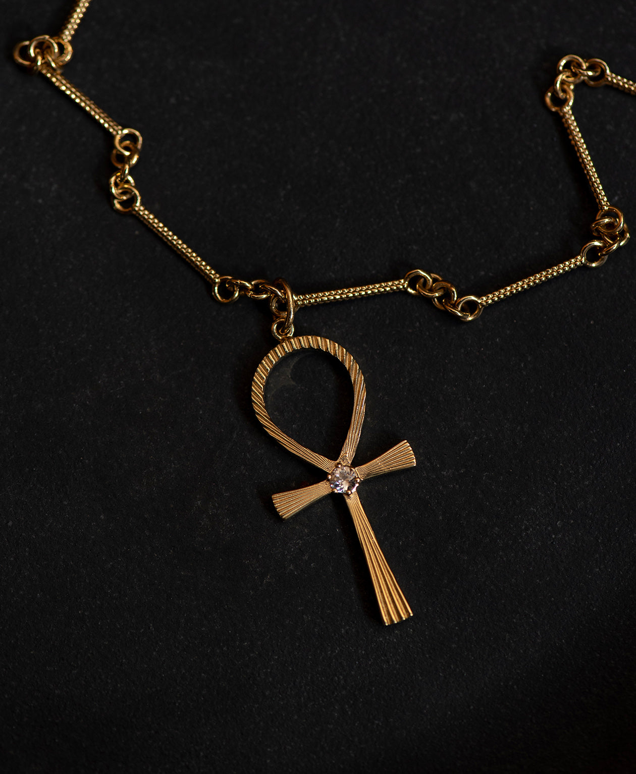 Ankh Necklace - 22k Gold Vermeil, Peach Zircon