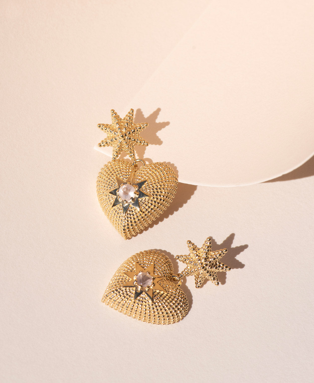 Brave Heart Earrings - 22k Gold Vermeil, Rose Quartz