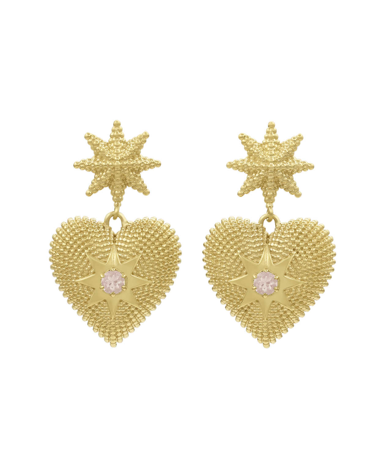 Brave Heart Earrings - 22k Gold Vermeil, Rose Quartz