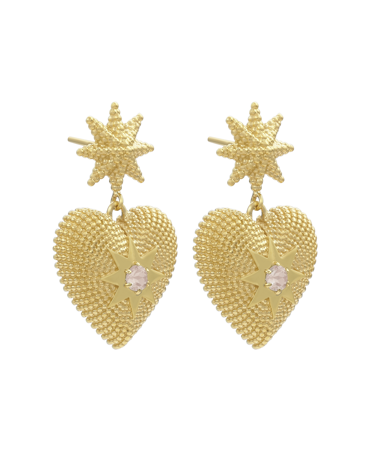 Brave Heart Earrings - 22k Gold Vermeil, Rose Quartz
