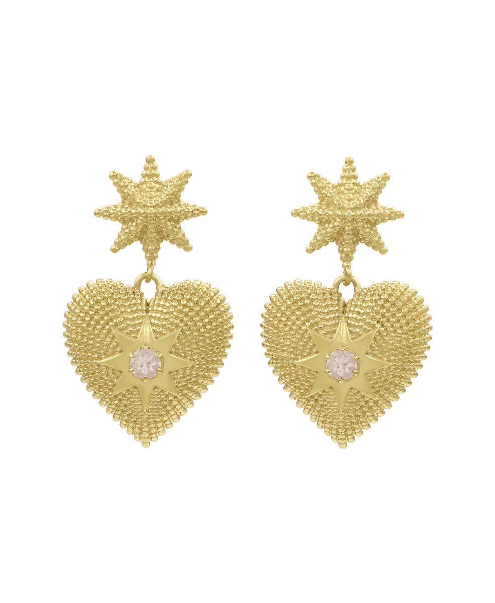 Brave Heart Earrings - 22k Gold Vermeil, Rose Quartz