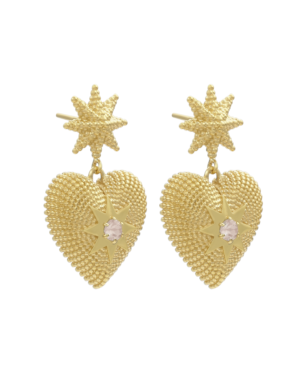 Brave Heart Earrings - 22k Gold Vermeil, Rose Quartz