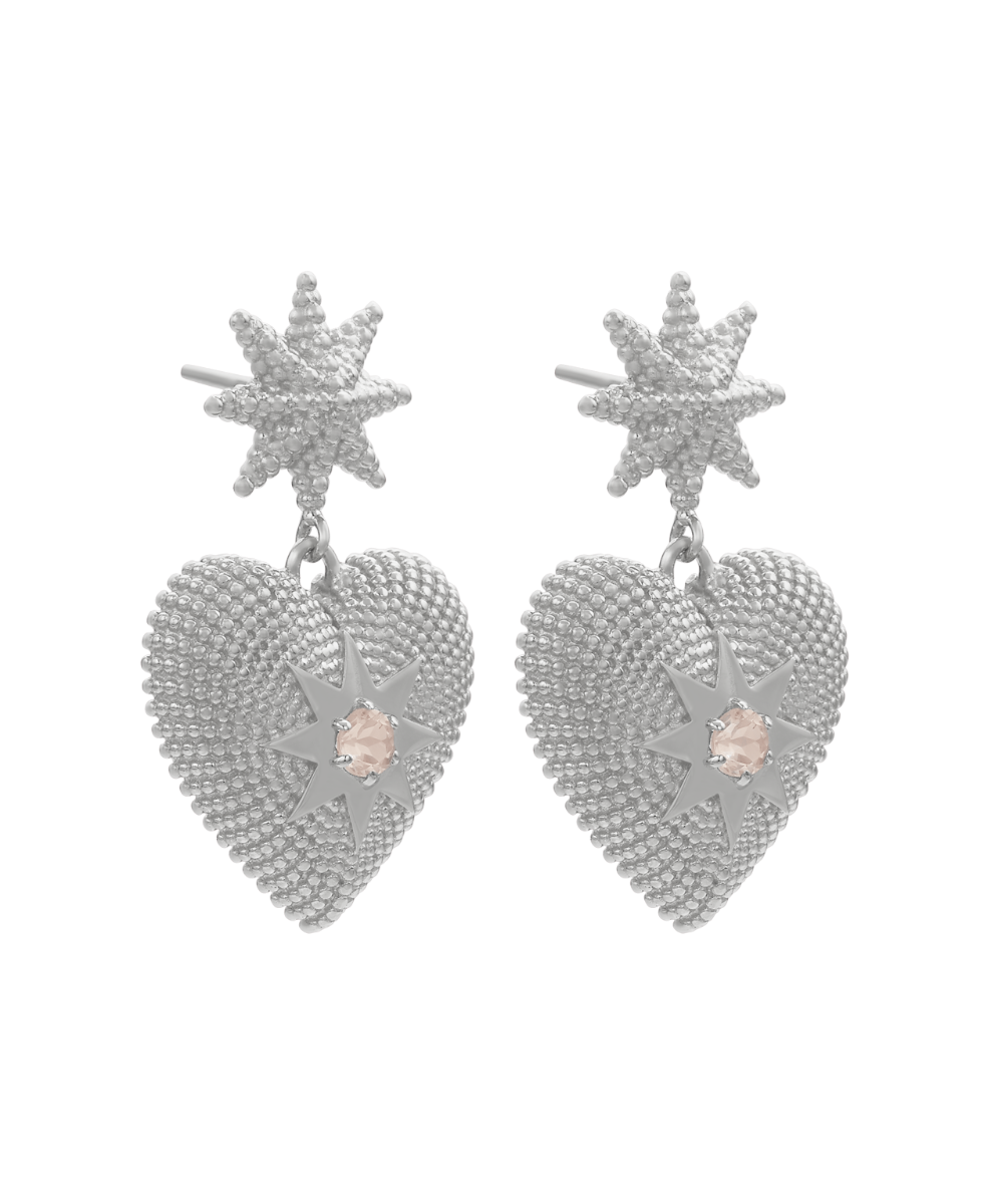 Brave Heart Earrings - 925 Sterling Silver, Rose Quartz