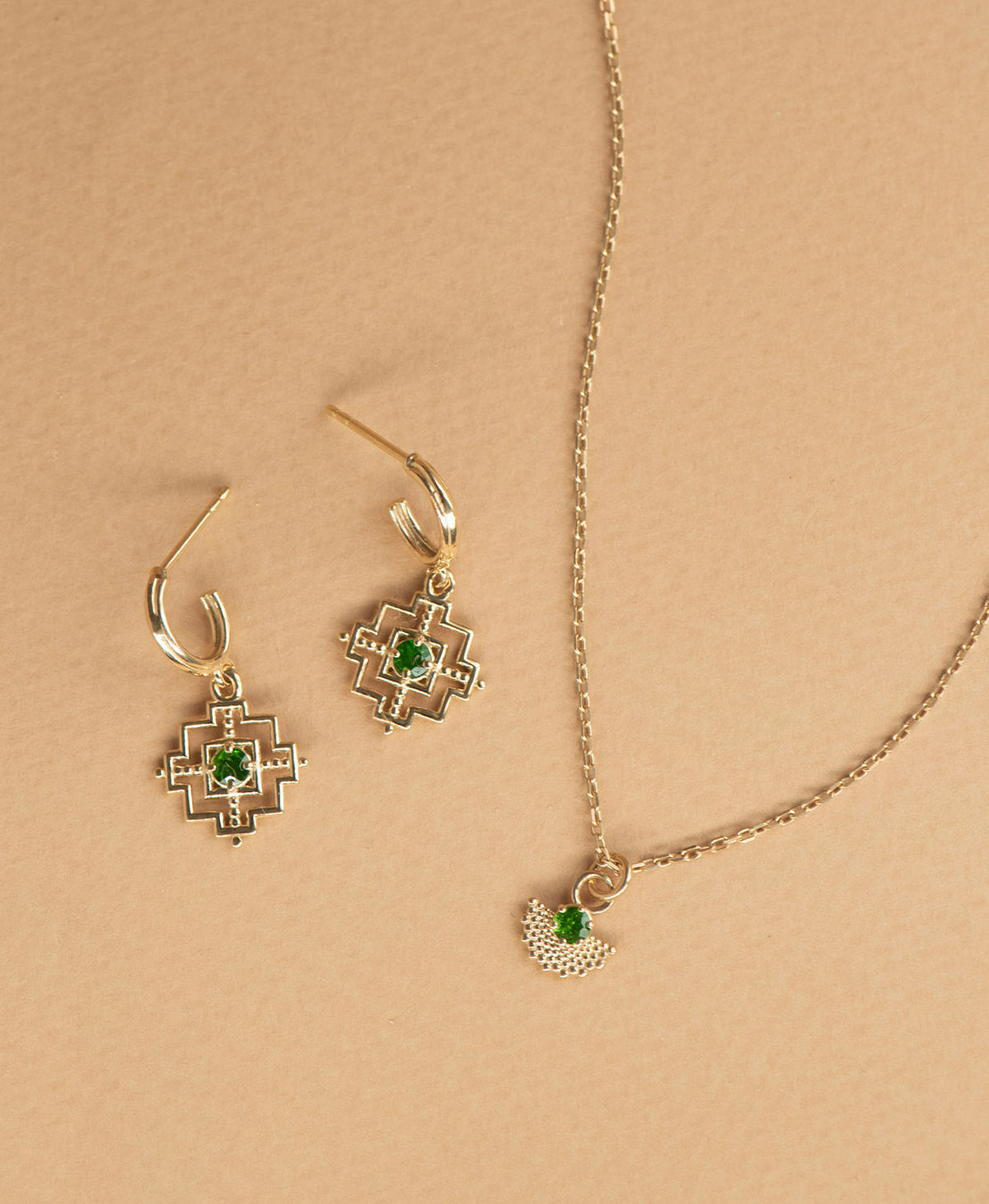 Centred Hoops and Eos Necklace Gift Set - 22k Gold Vermeil, Chrome Diopside