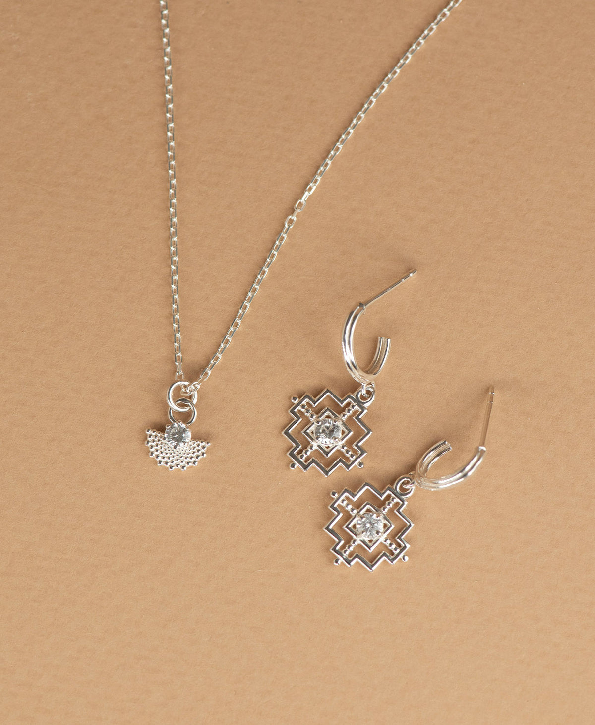 Centred Hoops and Eos Necklace Gift Set - 925 Sterling Silver, White Zircon