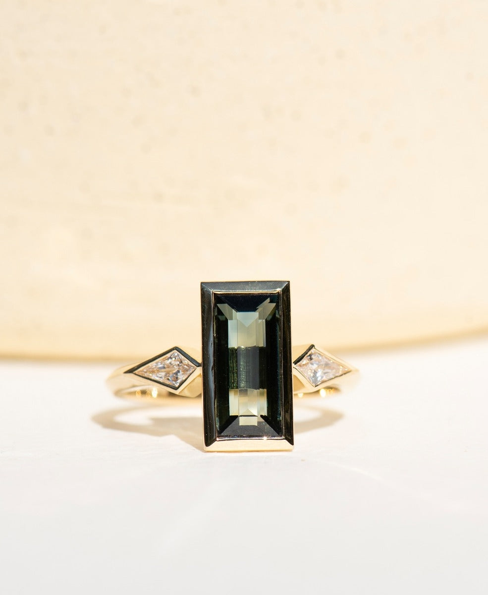 Cyra Engagement Ring - 18k Yellow Gold, Baguette Cut Teal Sapphire 2.55 carat