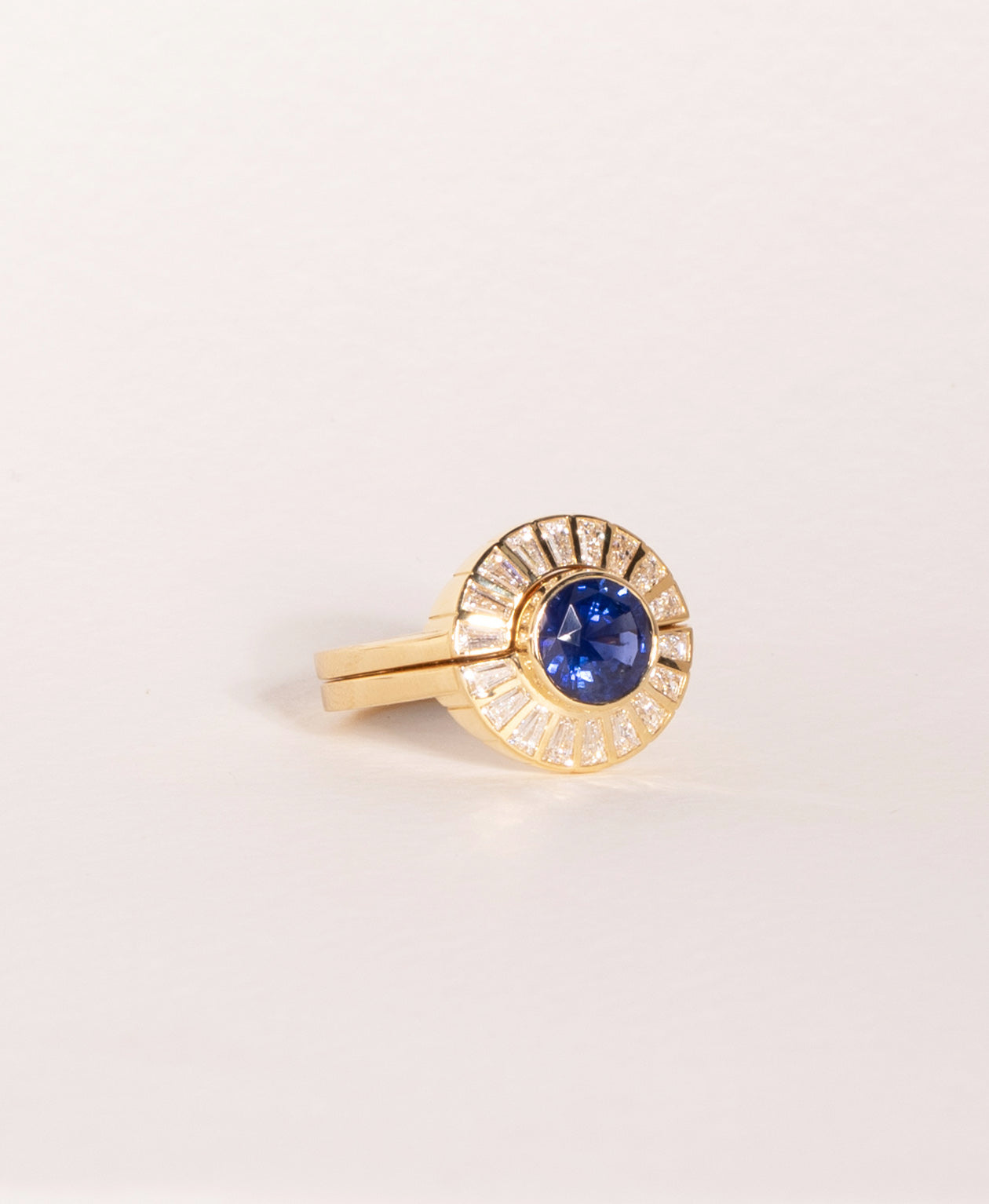 Deco Sun Engagement Ring - 18k Yellow Gold, Round Mixed Cut Blue Sapphire 1.31 carat