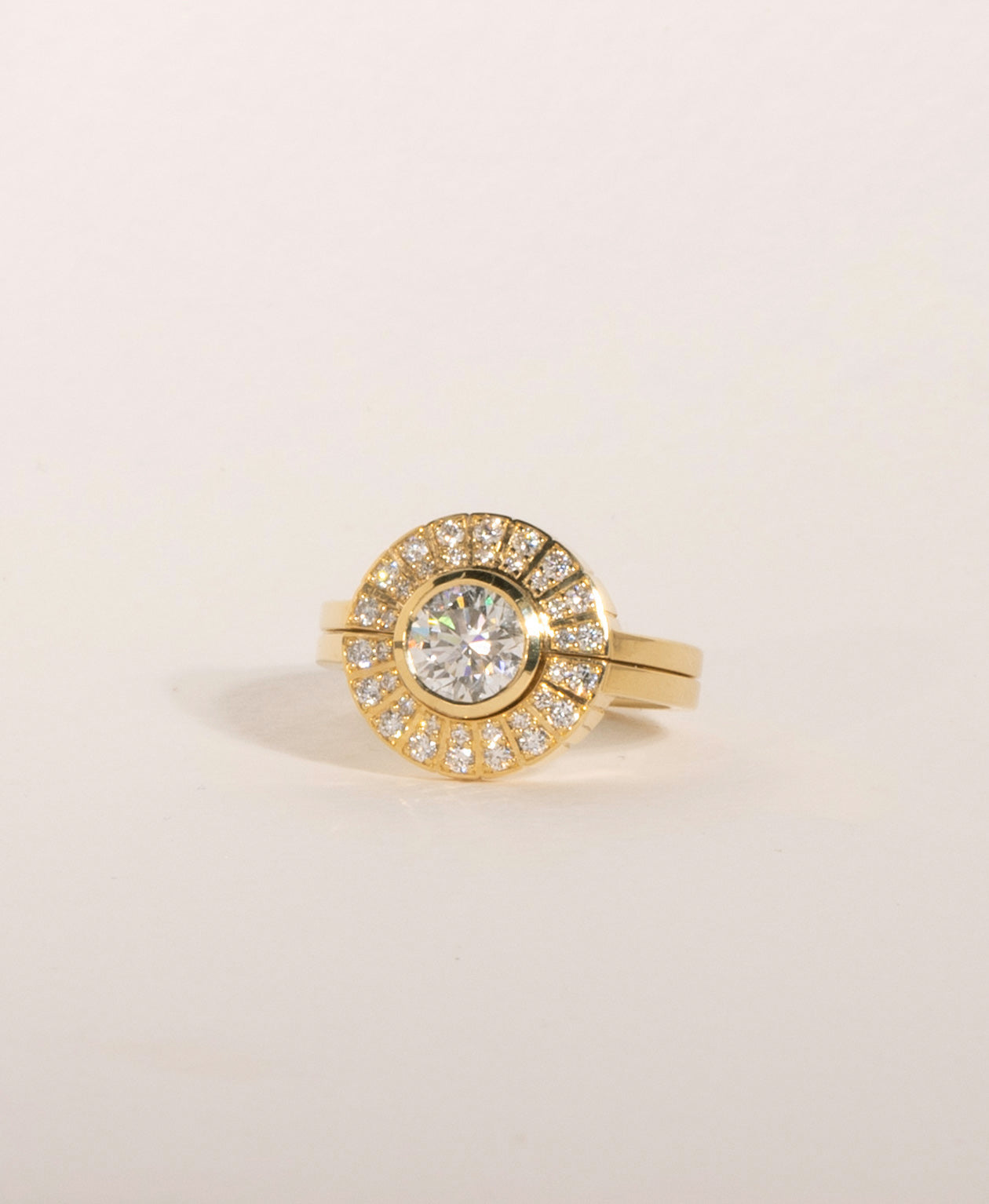 Deco Sun Engagement Ring - 18k Yellow Gold, Round Brilliant Cut Lab Grown Diamond 1.0 carat