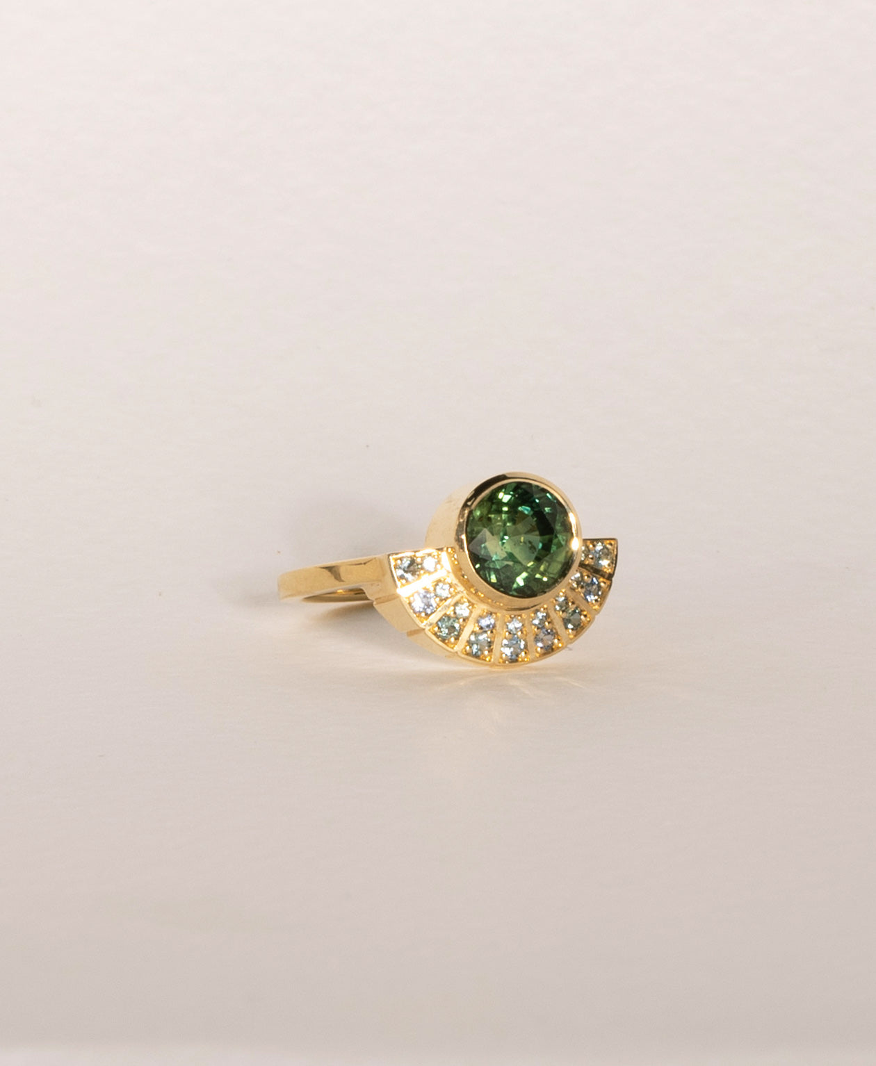 Deco Sun Engagement Ring - 18k Yellow Gold, Round Mixed Cut Green Sapphire 2.0 carat