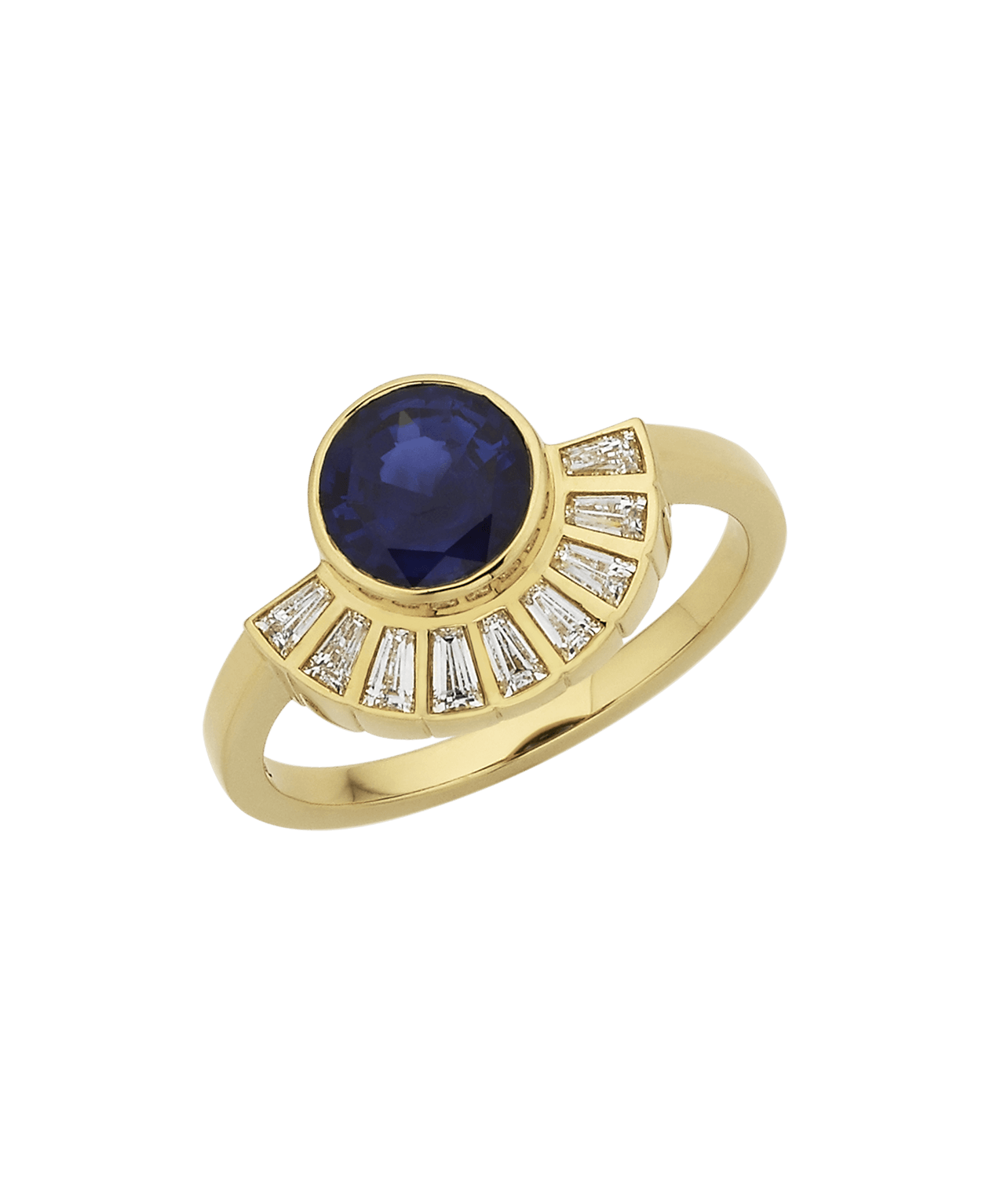 Deco Sun Engagement Ring - 18k Yellow Gold, Round Mixed Cut Blue Sapphire 1.31 carat