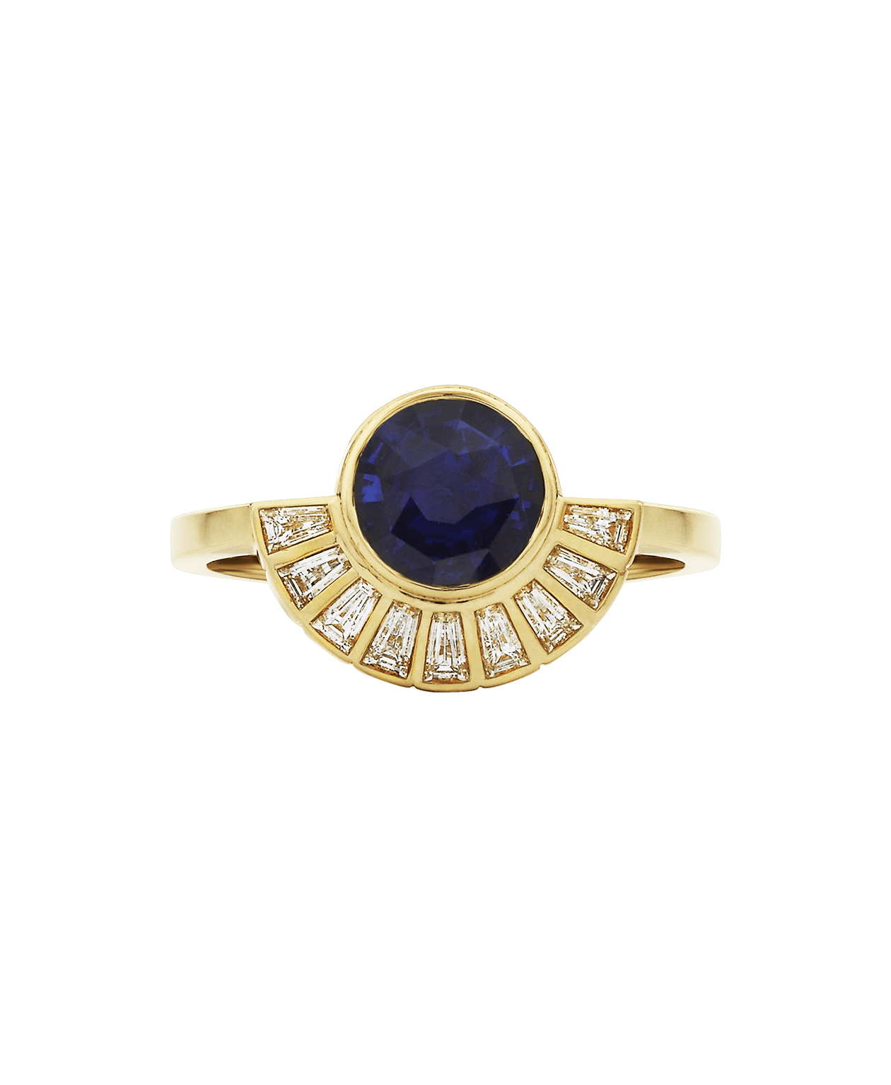 Deco Sun Engagement Ring - 18k Yellow Gold, Round Mixed Cut Blue Sapphire 1.31 carat