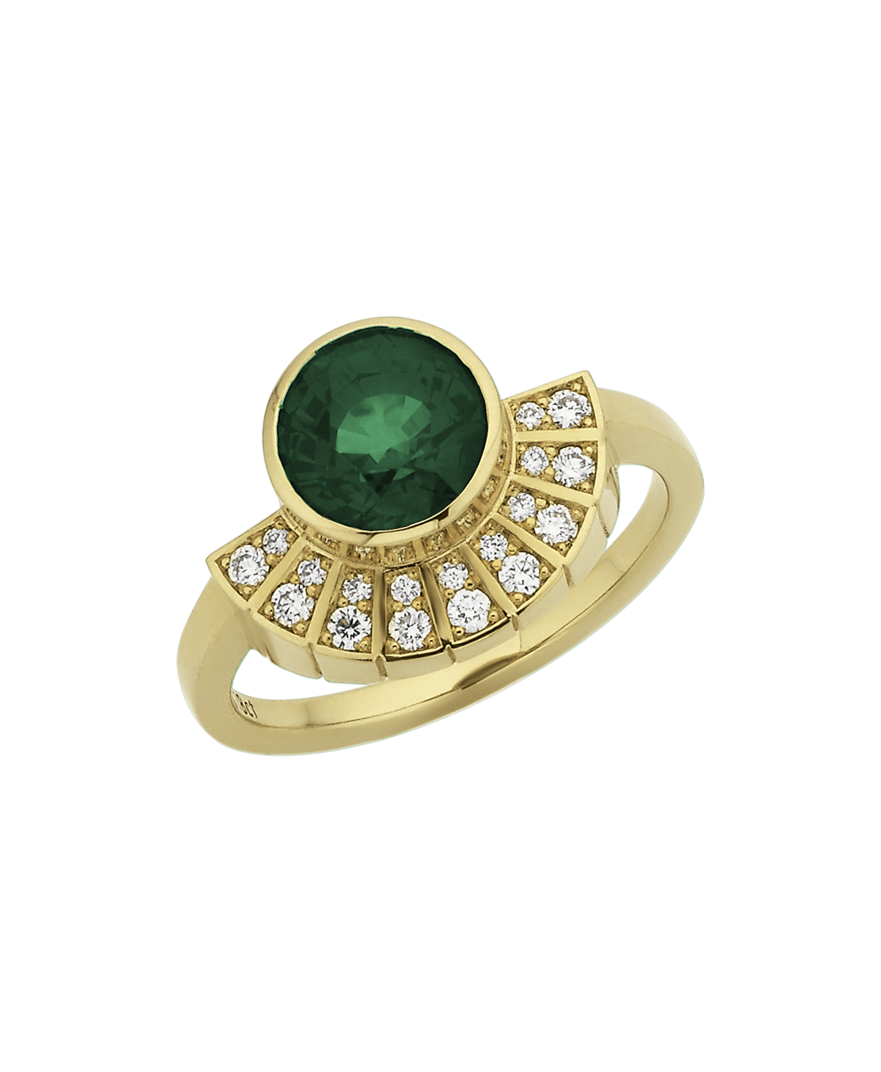 Deco Sun Engagement Ring - 18k Yellow Gold, Round Mixed Cut Green Sapphire 2.23 carat