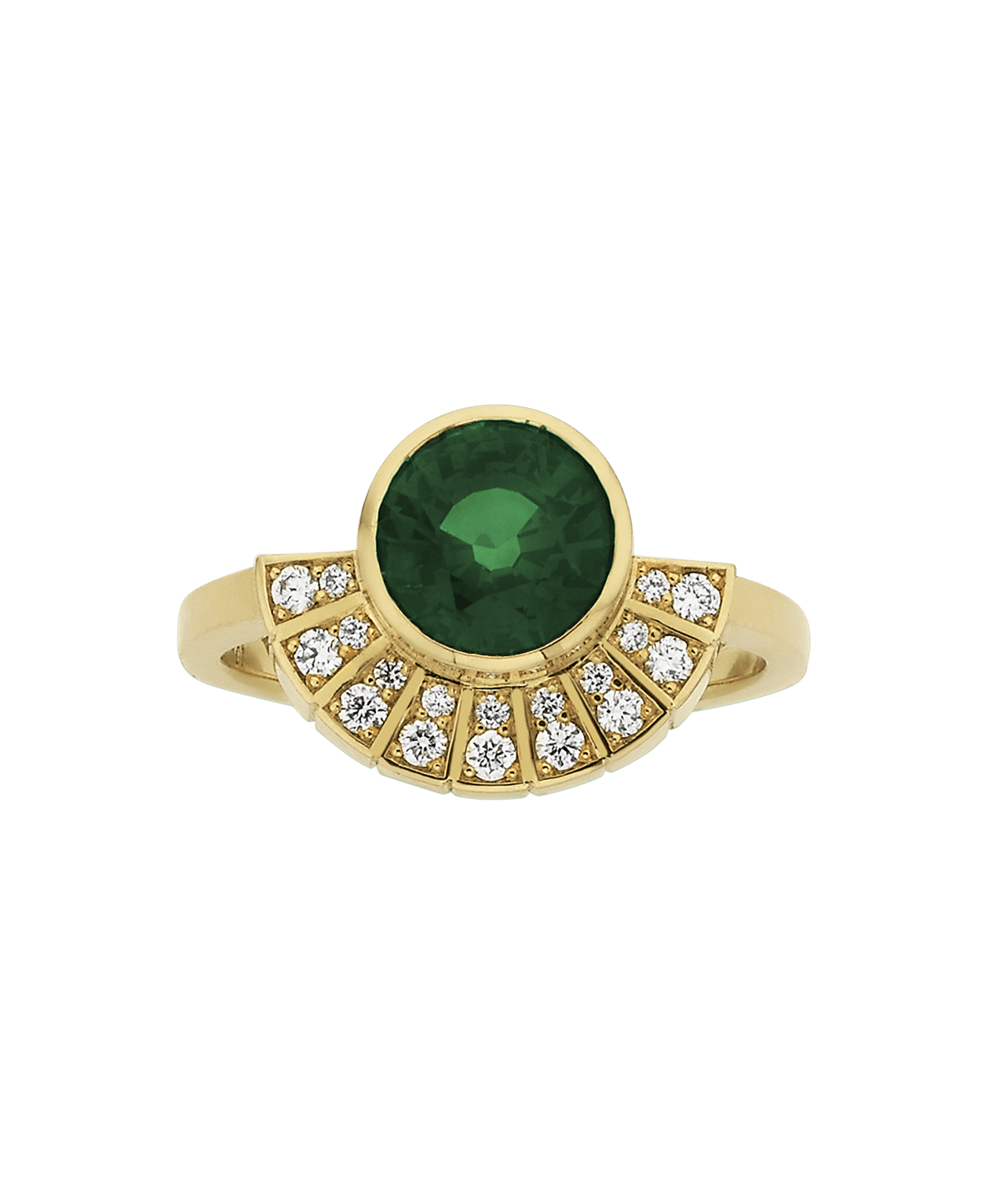 Deco Sun Engagement Ring - 18k Yellow Gold, Round Mixed Cut Green Sapphire 2.23 carat