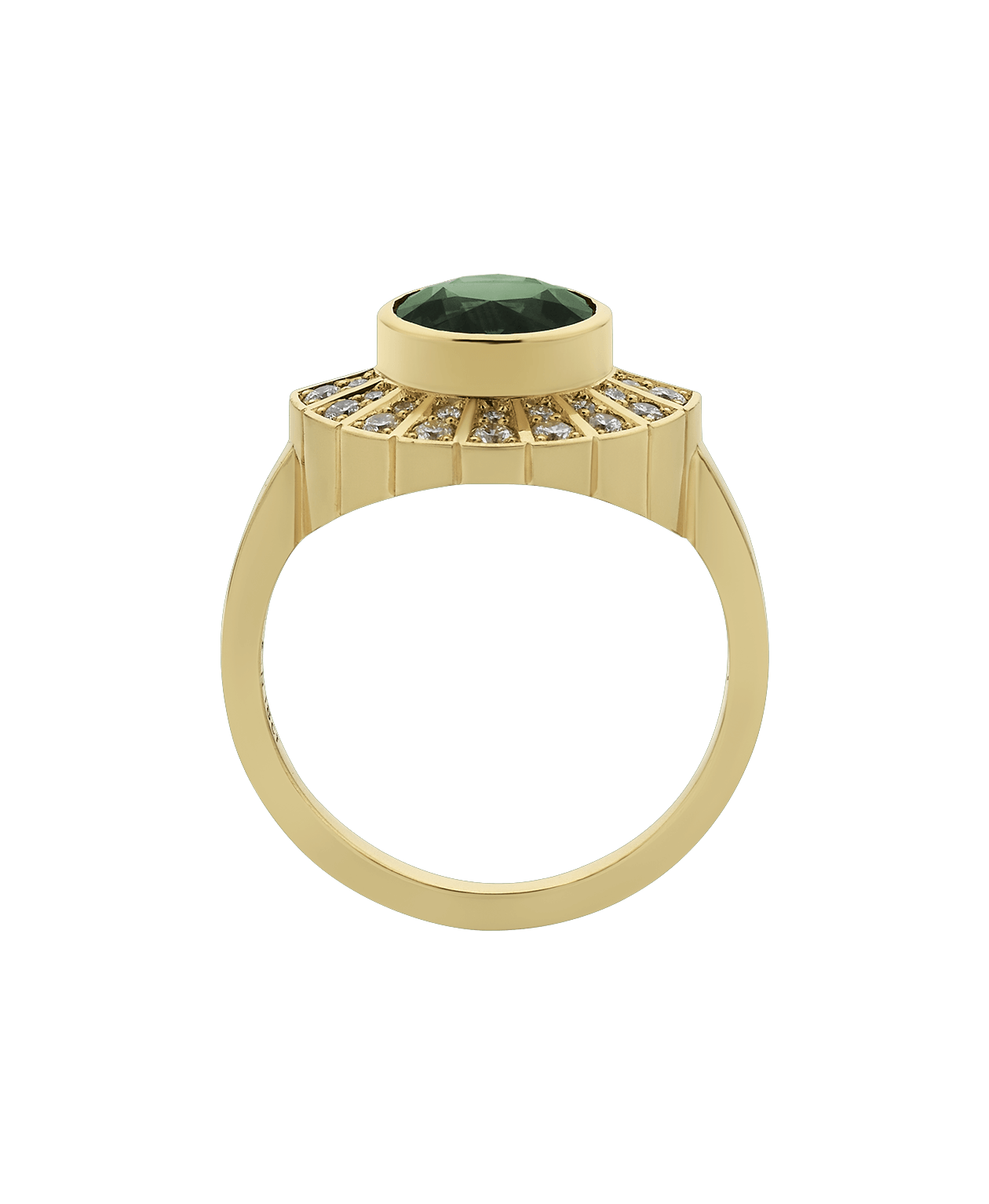 Deco Sun Engagement Ring - 18k Yellow Gold, Round Mixed Cut Green Sapphire 2.23 carat