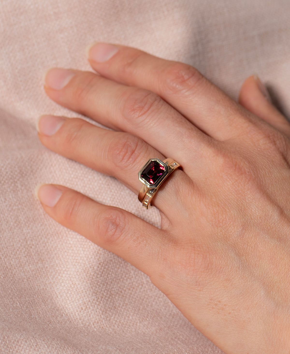 Delphine Engagement Ring - 9k Yellow Gold, Emerald Cut Garnet 2.87 carat