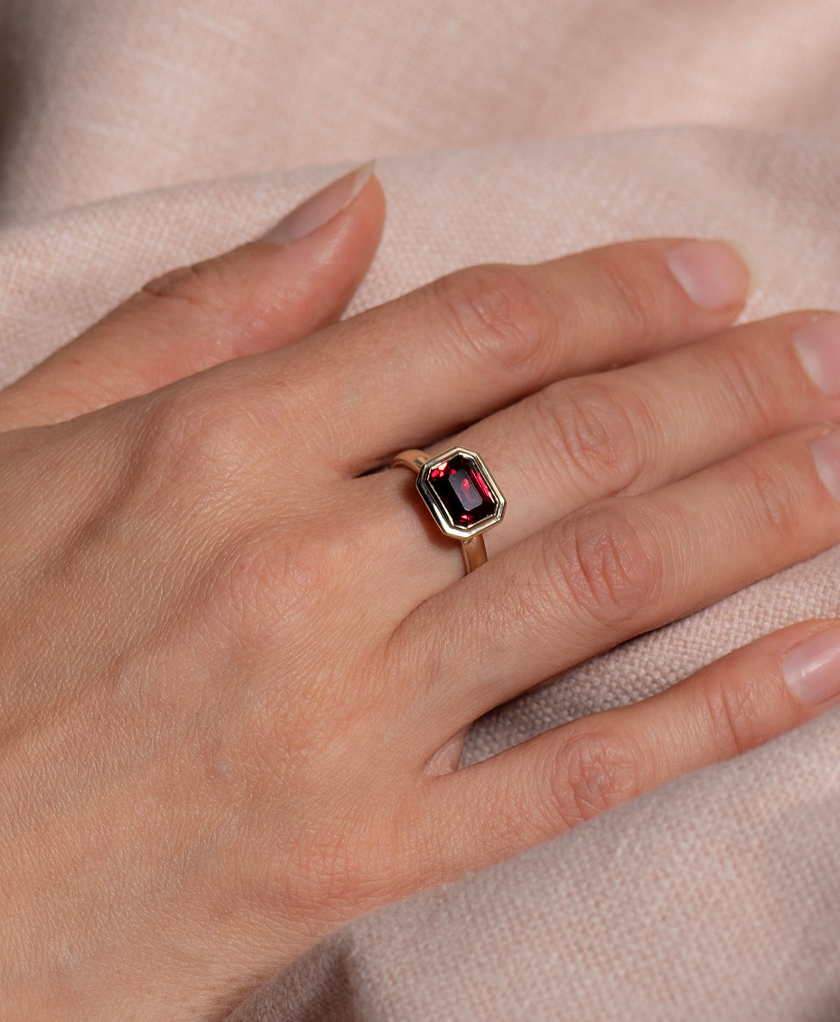 Delphine Engagement Ring - 9k Yellow Gold, Emerald Cut Garnet 2.87 carat