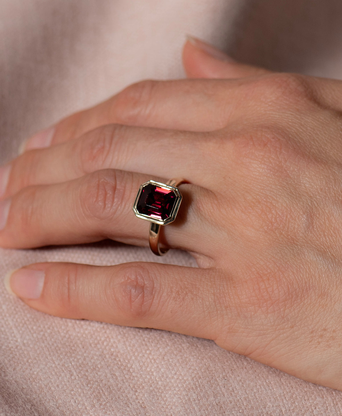 Delphine Engagement Ring - 9k Yellow Gold, Cushion Cut Garnet 3.99 carat