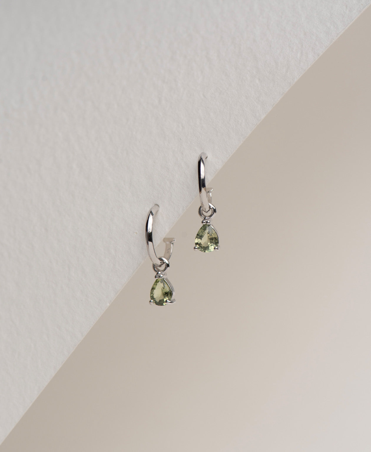Dew Drop Hoops - 9k White Gold, Green Sapphire