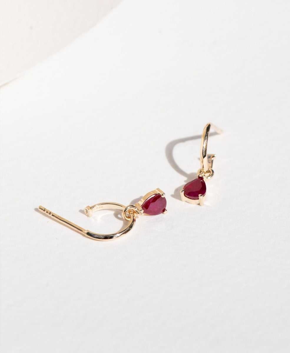 Dew Drop Hoops - 9k Yellow Gold, Ruby