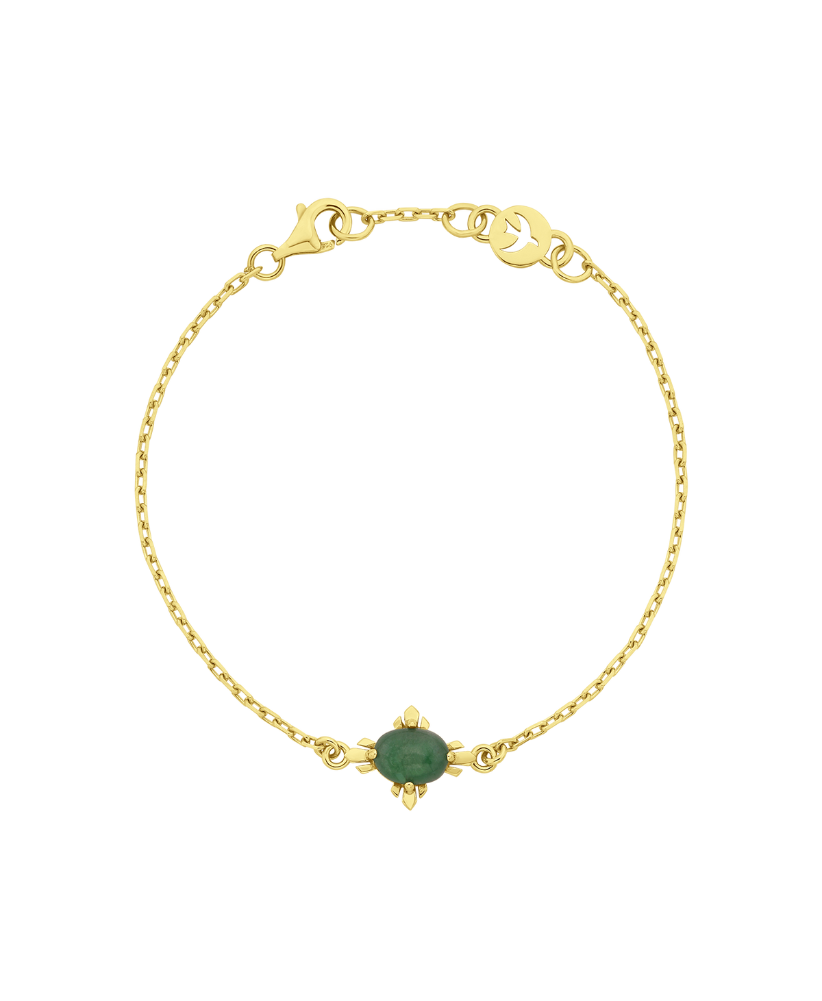 A clearcut of the Farah Bracelet, a gold pendant with a cabochon cut emerald, set on a fine cable chain.