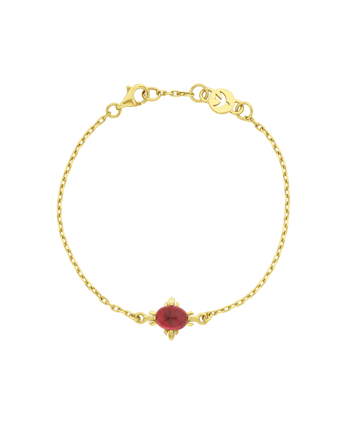 A clearcut of the Farah Bracelet, a gold pendant with a cabochon cut pink tourmaline, set on a fine cable chain.