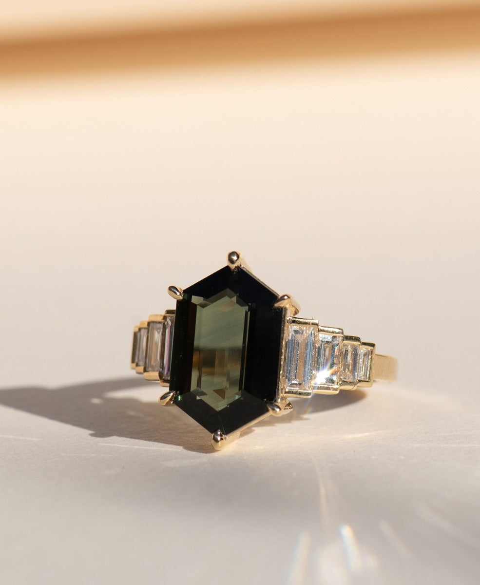 Fides Engagement Ring - 18k Yellow Gold, Elongated Hexagonal Cut Green Sapphire 4.13 carat