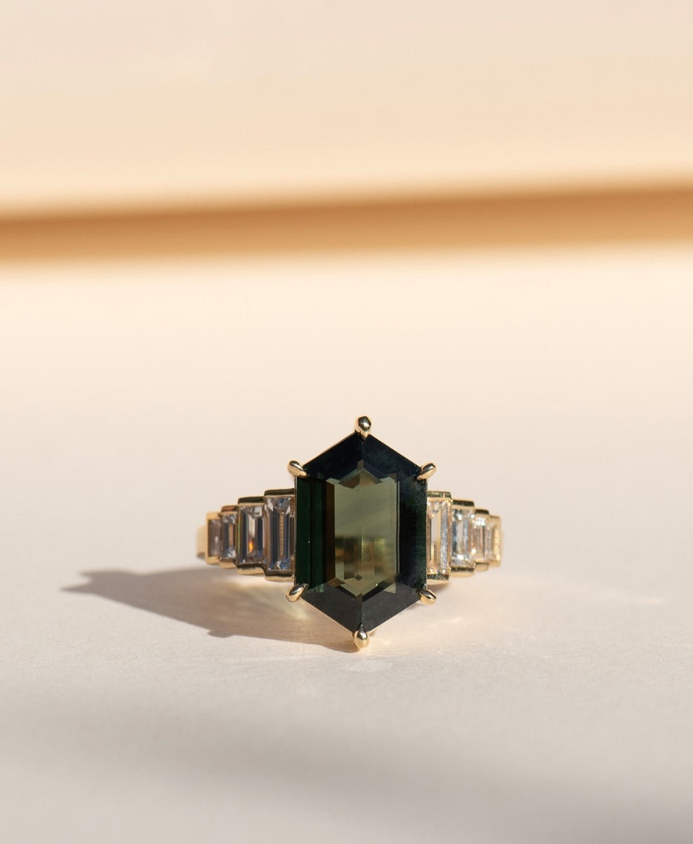 Fides Engagement Ring - 18k Yellow Gold, Elongated Hexagonal Cut Green Sapphire 4.13 carat