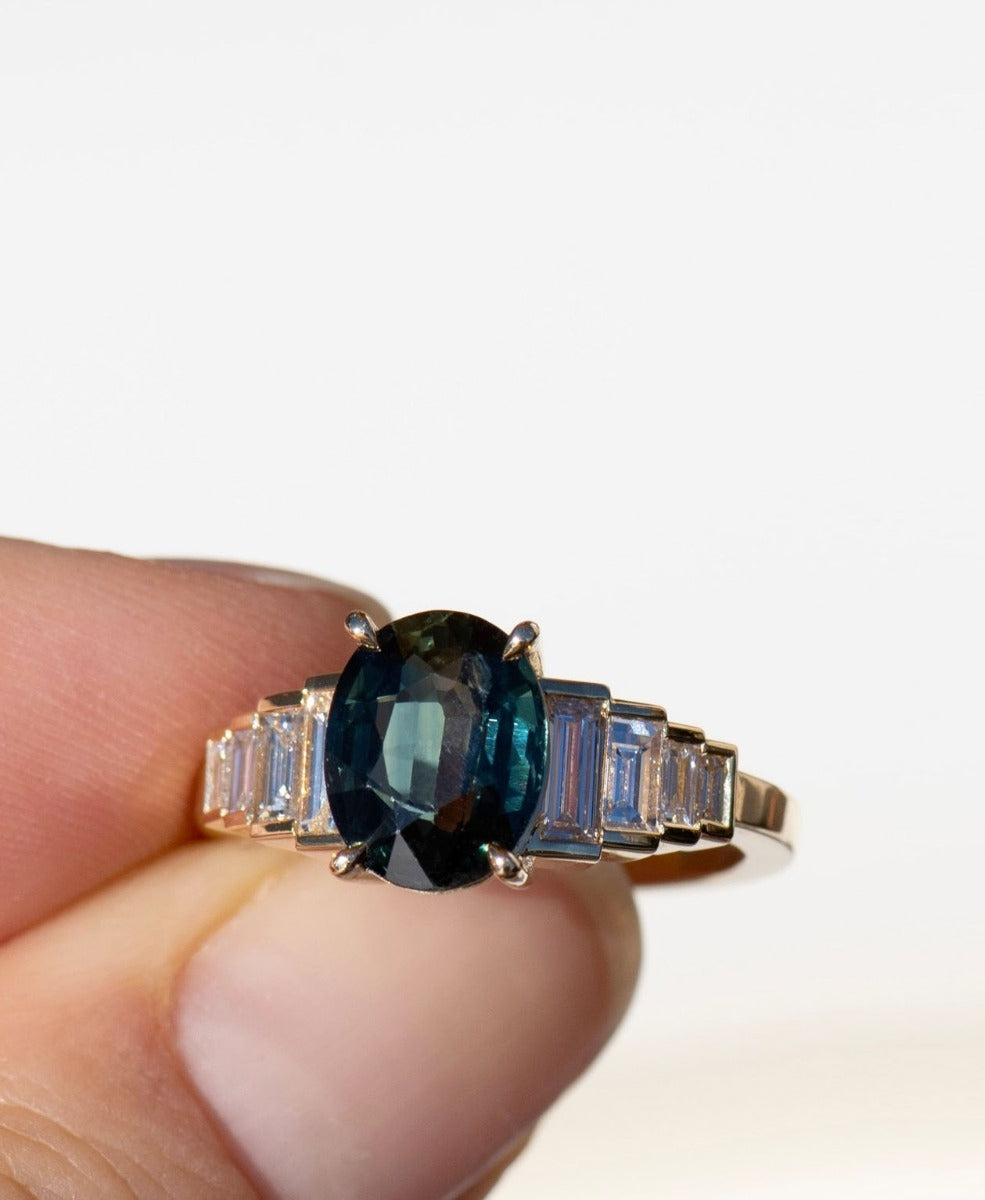 Fides Engagement Ring - 18k Yellow Gold, Oval Cut Teal Sapphire 2.78 carat