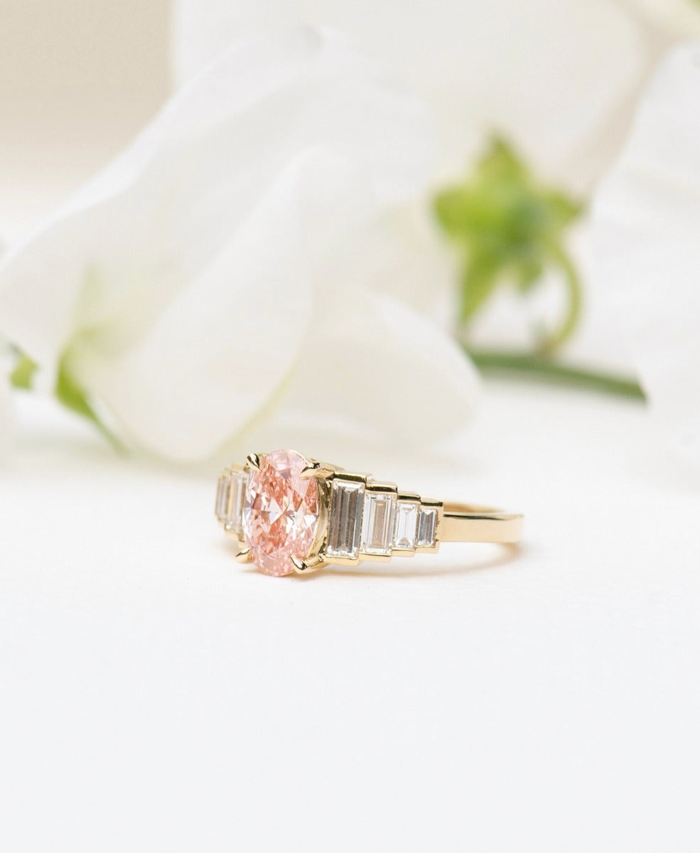 Fides Engagement Ring - 18k Yellow Gold, Oval Brilliant Cut Lab Grown Pink Diamond 1.05 carat