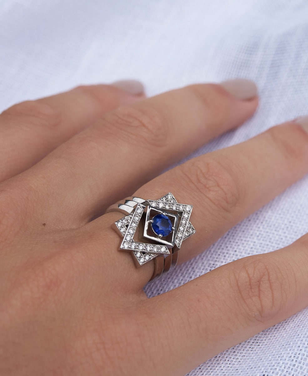 Freya Engagement Ring - Platinum, Round Mixed Cut Blue Sapphire 0.50 carat