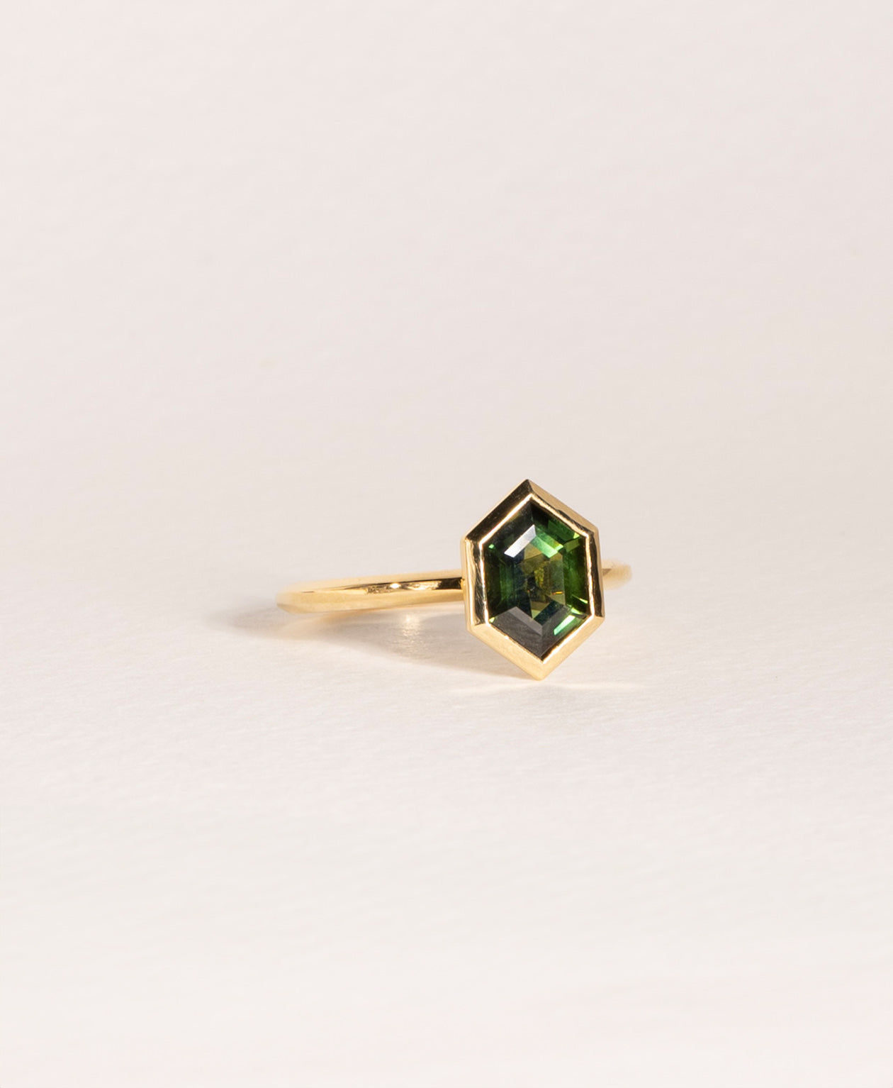 Frida Engagement Ring - 18k Yellow Gold, Elongated Hexagonal Cut Green Sapphire 1.62 carat