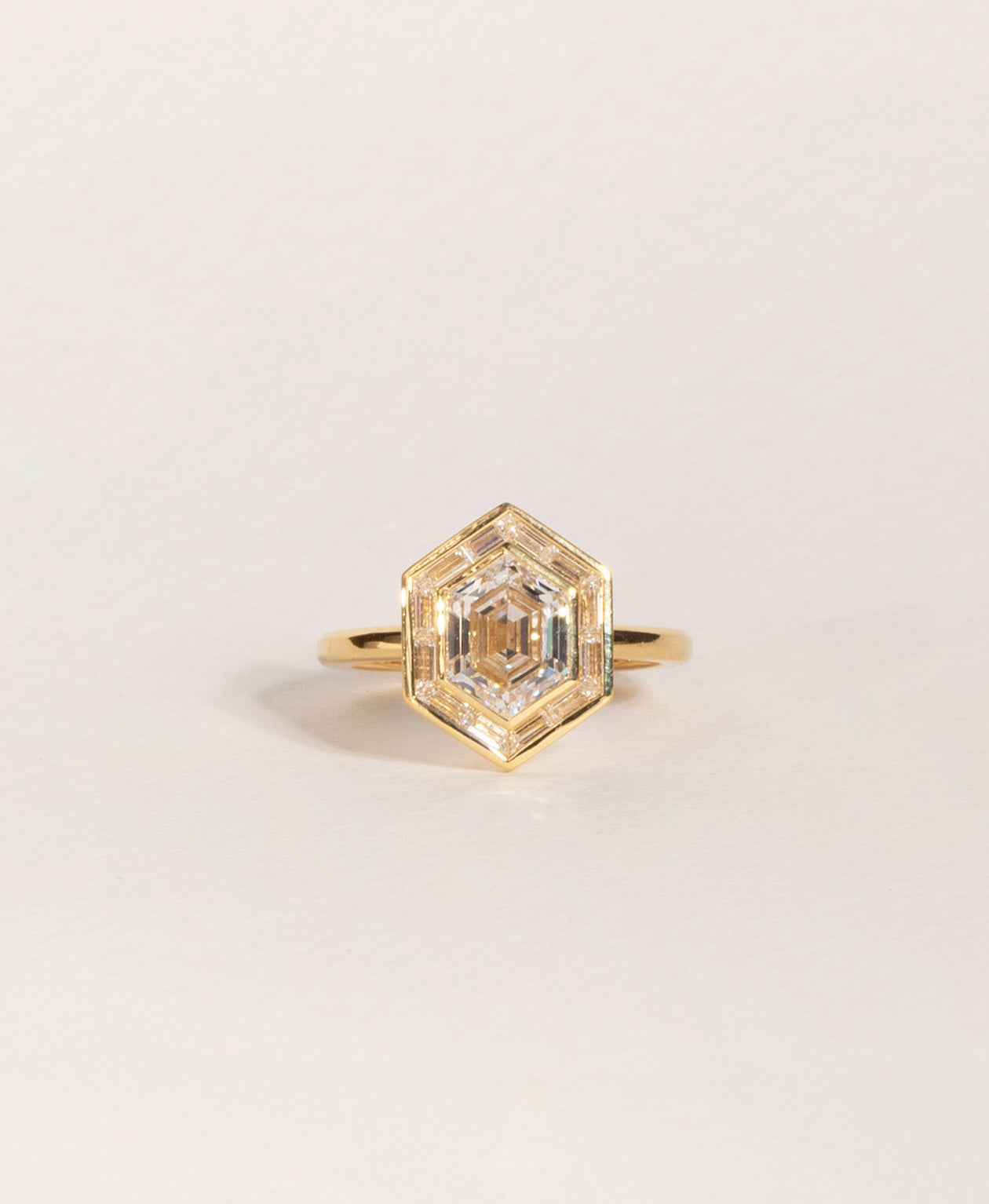 Frida Halo Engagement Ring - 18k Yellow Gold, Elongated Hexagonal Step Cut Lab Grown Diamond 1.74 carat