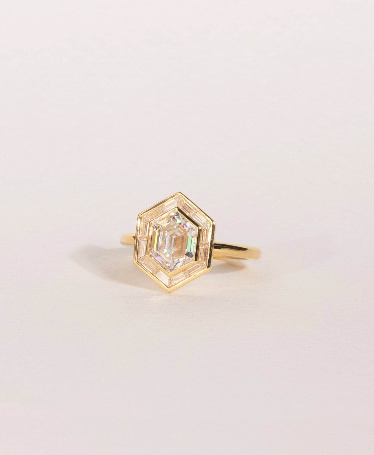 Frida Halo Engagement Ring - 18k Yellow Gold, Elongated Hexagonal Step Cut Lab Grown Diamond 1.85 carat