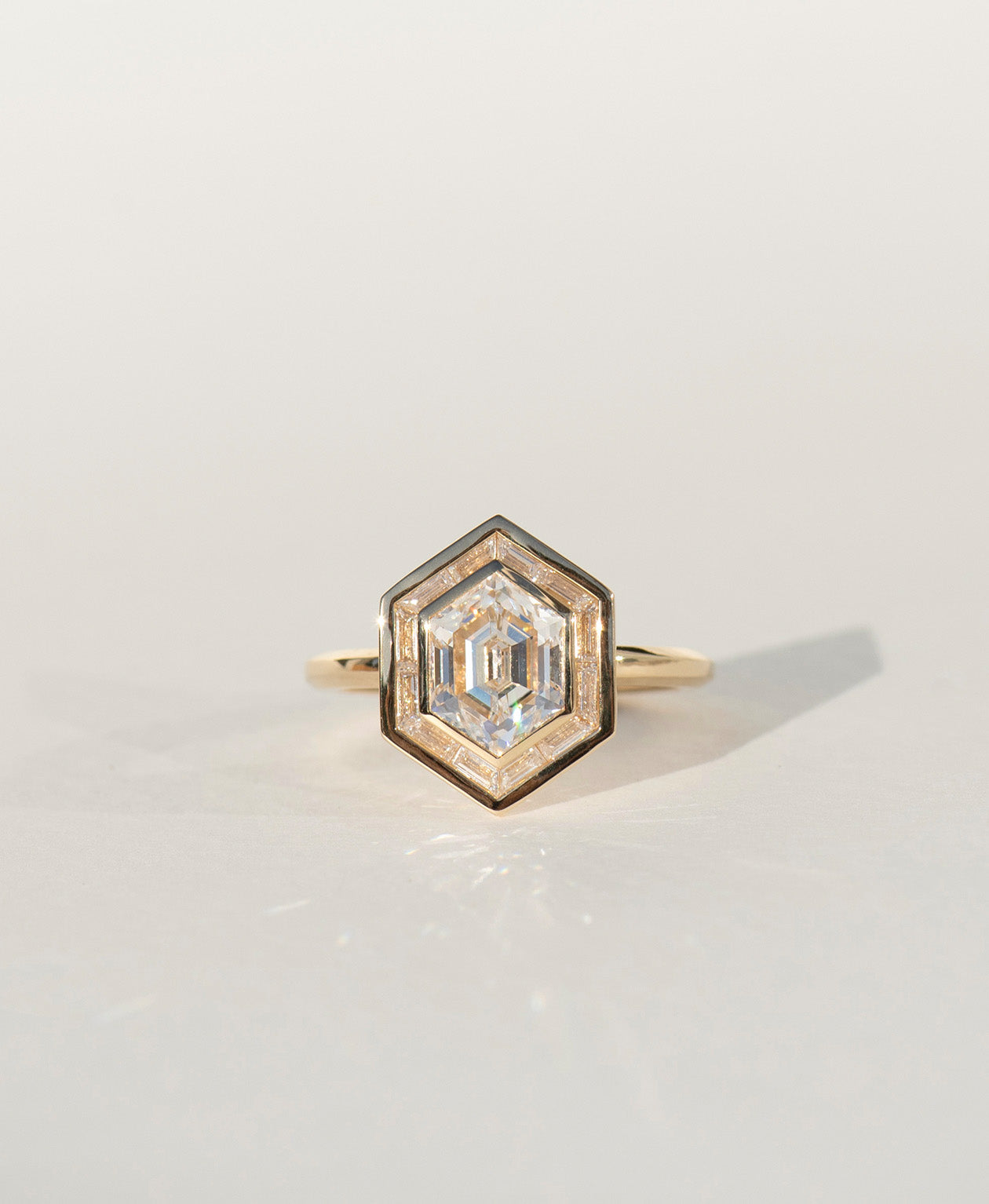 Frida Halo Engagement Ring - 18k Yellow Gold, Elongated Hexagonal Step Cut Lab Grown Diamond 1.77 carat